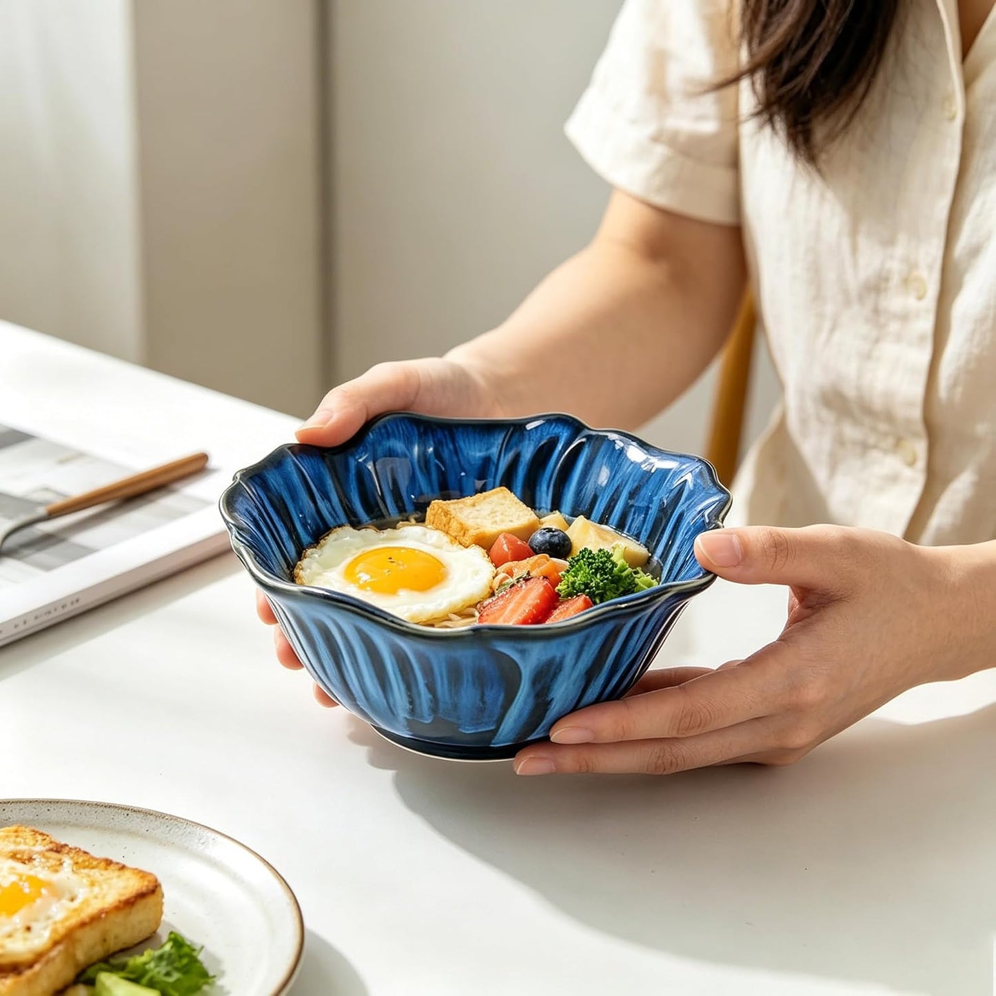 KOOV 24oz Deep Cereal Bowls Set of 4, Vintage Hand-Painted Porcelain Soup Bowls, Reactive Glaze Kitchen Bowls For Oatmeal, Fruit, Microwave And Dishwasher Safe, Pansy Series (Nebule Blue)