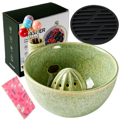 Self Spinning Ceramic Berry Washing Bowl with Drain Holes, 7'' Kitchen Fruit Washer Spinner Bowl with 10pcs Sponges，Blue