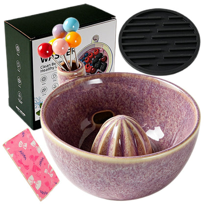 Self Spinning Ceramic Berry Washing Bowl with Drain Holes, 7'' Kitchen Fruit Washer Spinner Bowl with 10pcs Sponges，Blue