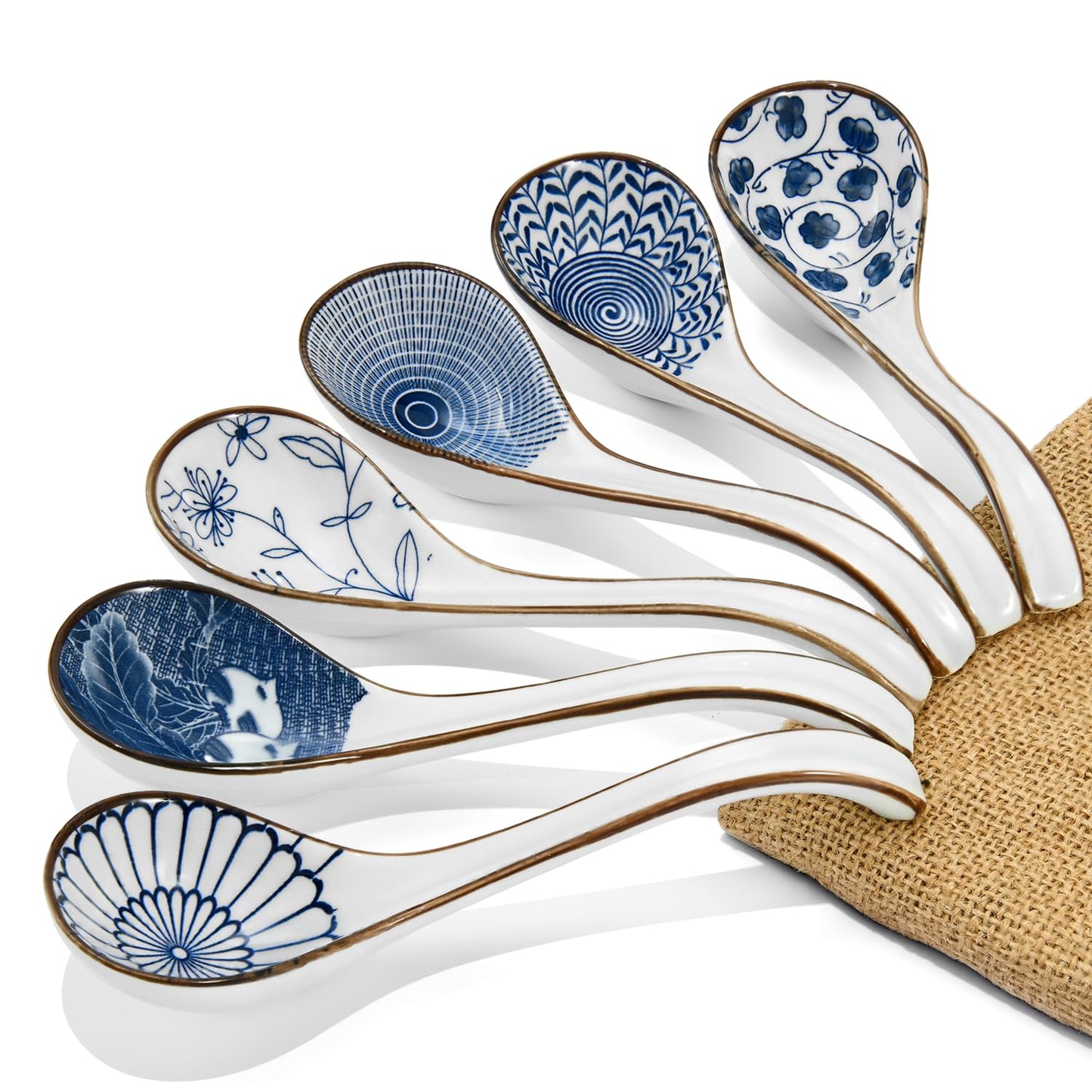 Asian Ceramic Soup Spoon, with Long Handle Easy to Hold, Non-slip Bottom, for Japanese Ramen, Chinese and Vietnamese Wonton, Noodle Soup Spoons (V38)