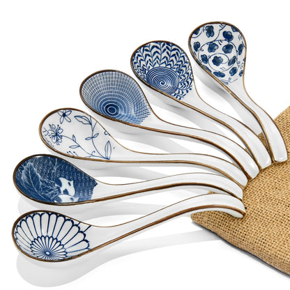 Asian Ceramic Soup Spoon, with Long Handle Easy to Hold, Non-slip Bottom, for Japanese Ramen, Chinese and Vietnamese Wonton, Noodle Soup Spoons (V38)
