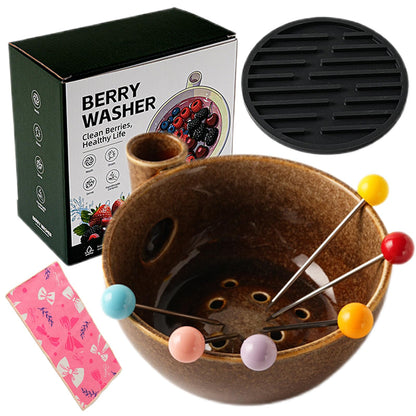 Self Spinning Ceramic Berry Washing Bowl with Drain Holes, 7'' Kitchen Fruit Washer Spinner Bowl with 10pcs Sponges，Blue