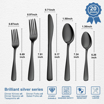BEWOS 20 Piece silverware set - Service for 4, Black Stainless Steel Silverware Set with Mirror Polishing, Including Knives, Forks and Spoons, Dishwasher Safe, Flatware Set Suitable for Home Kitchens