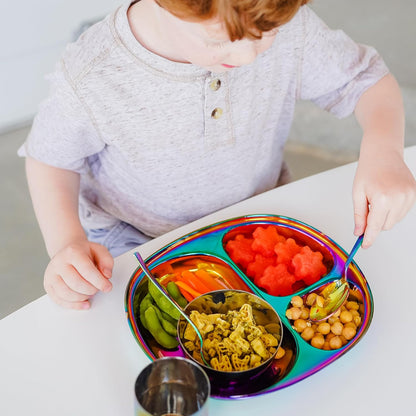 Ahimsa Stainless Steel Kids Divided Plate, Rainbow, 1 Plate | Pediatrician Designed, Food Grade Stainless Steel Toddler Plate, Non-Toxic & BPA Free, Dishwasher Safe, Break Resistant