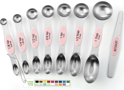 Spring Chef Stainless Steel Magnetic Measuring Spoons Set of 8, Black | Dual Sided Metal Teaspoon & Tablespoon Measuring Spoons with Leveler for Dry & Liquid Ingredients, Nesting, Dishwasher Safe