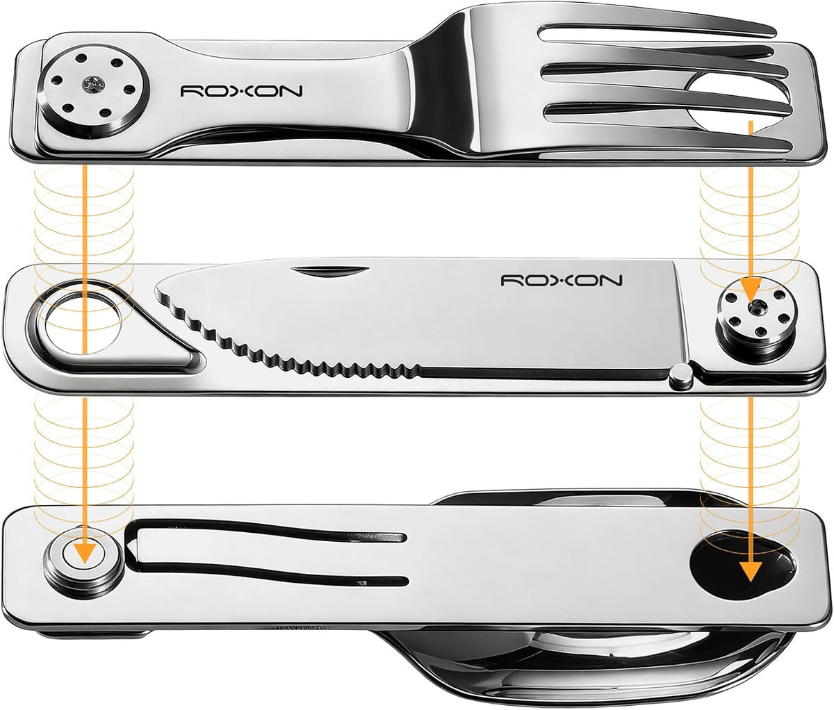 ROXON 3-in-1 Knife Spoons Fork Camping Utensils Set with Case | Magnetic Folding, Stainless Steel Cutlery, EDC Portable Lightweight Silverware,For Hiking Backpacking Travel Lunchbox Outdoor