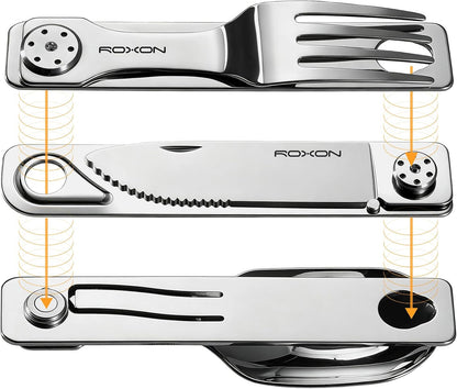 ROXON 3-in-1 Knife Spoons Fork Camping Utensils Set with Case | Magnetic Folding, Stainless Steel Cutlery, EDC Portable Lightweight Silverware,For Hiking Backpacking Travel Lunchbox Outdoor