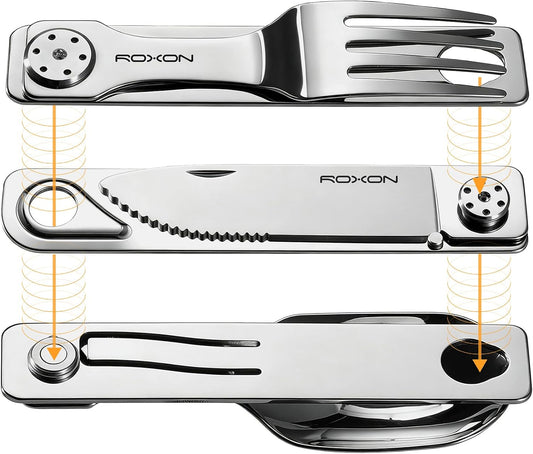 ROXON 3-in-1 Knife Spoons Fork Camping Utensils Set with Case | Magnetic Folding, Stainless Steel Cutlery, EDC Portable Lightweight Silverware,For Hiking Backpacking Travel Lunchbox Outdoor