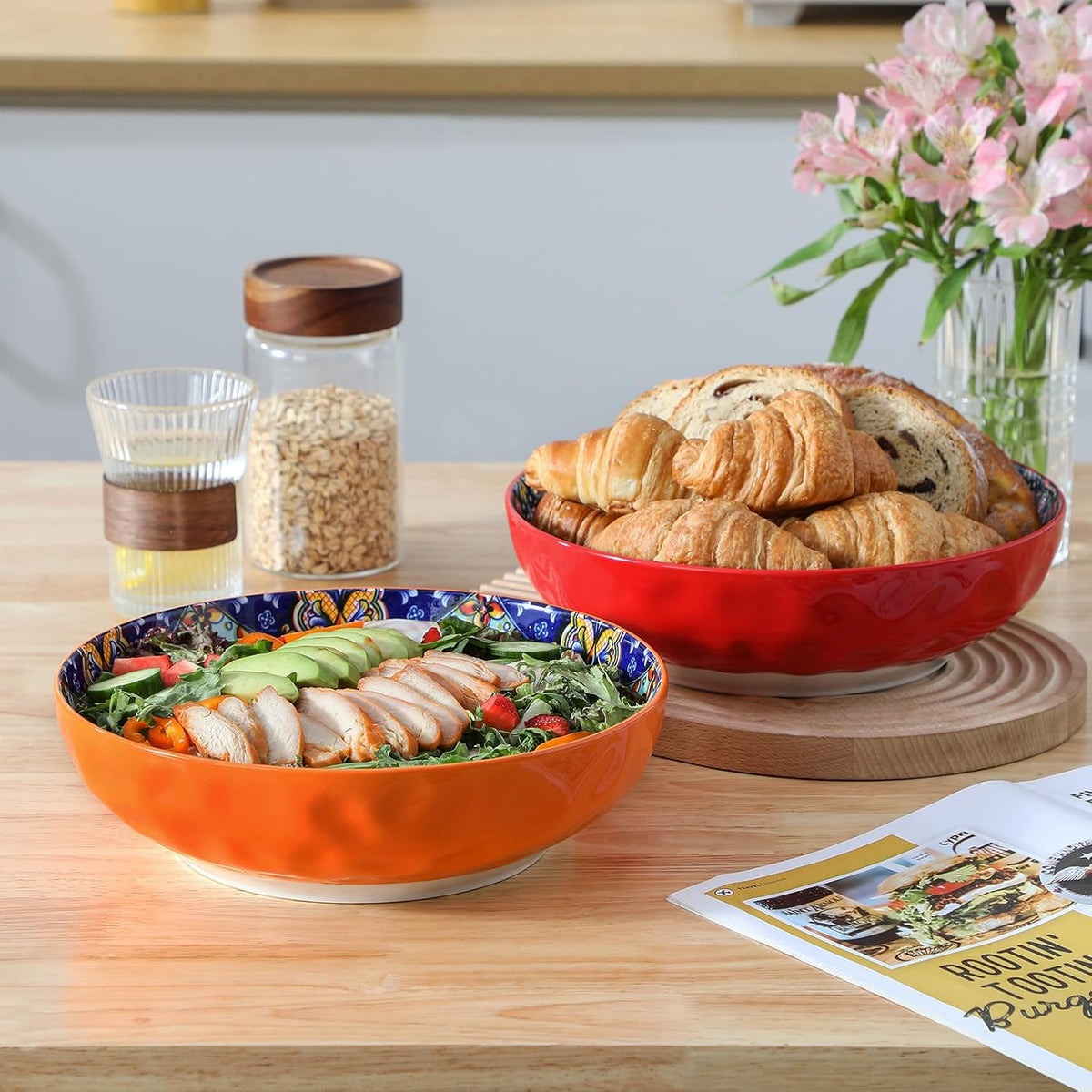 vancasso Large Serving Bowls,78 Oz Salad Bowls Set of 2,Serving Dishes-Red | Bohemian Decorative Bowls for Salad, Fruit, Pasta and Dinner, Serving Dishes Set for Party, Dishwasher & Microwave Safe