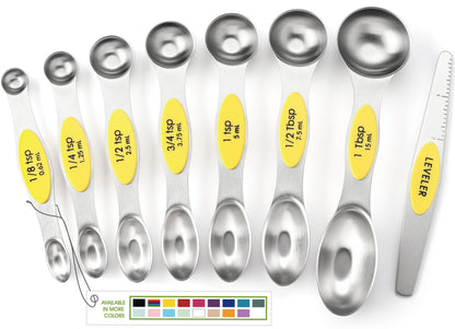 Spring Chef Stainless Steel Magnetic Measuring Spoons Set of 8, Black | Dual Sided Metal Teaspoon & Tablespoon Measuring Spoons with Leveler for Dry & Liquid Ingredients, Nesting, Dishwasher Safe