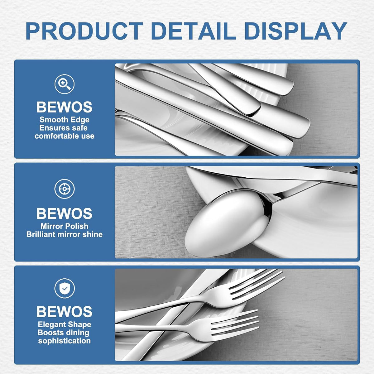 BEWOS 20 Piece Silverware Set - Stainless Steel Silverware Sets for 4 Include Spoon, Forks, Knives, Mirror Polished Flatware Set for Home, Kitchen, Restaurant, Dishwasher Safe