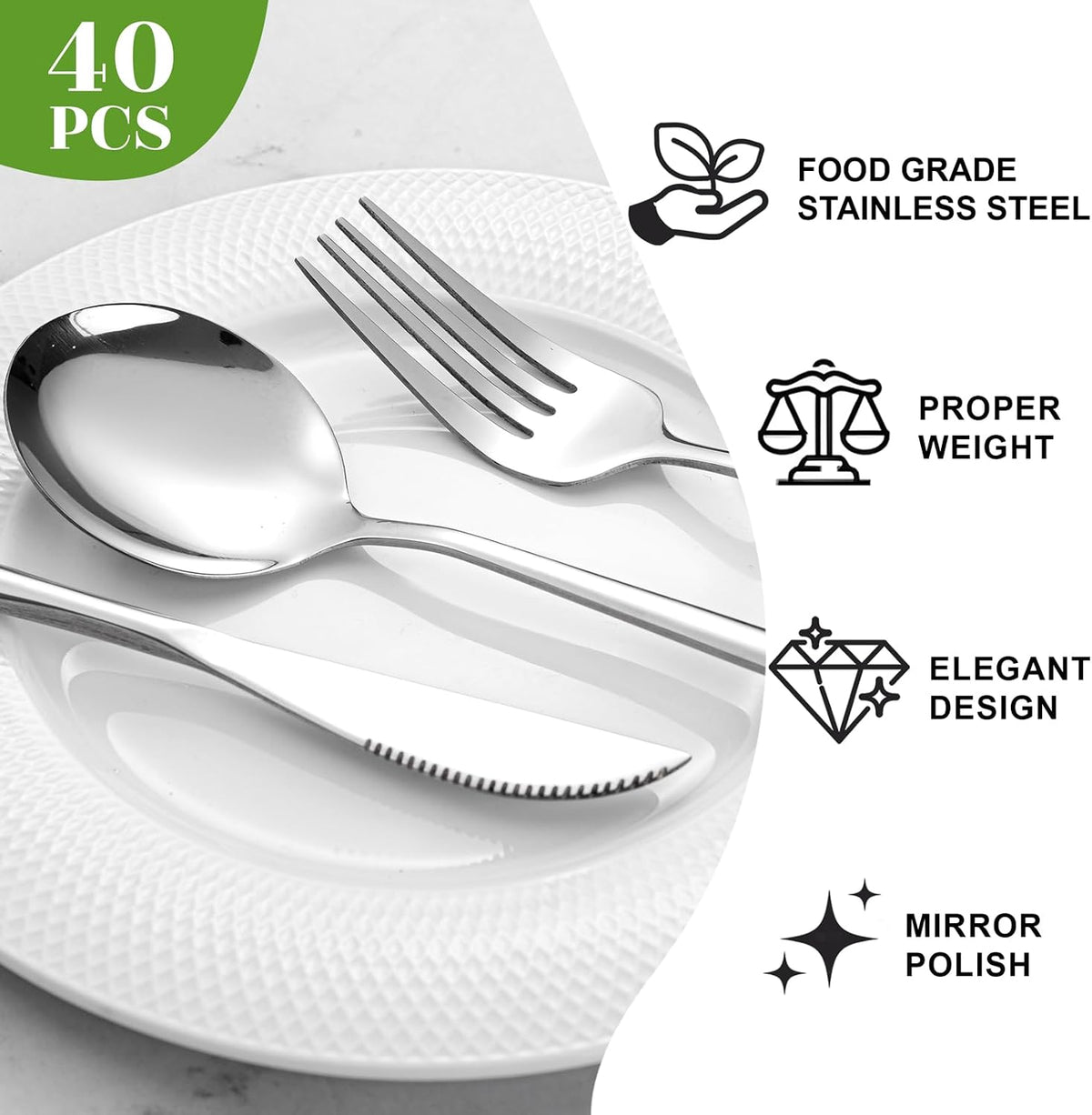 NOCCUR 40-Piece Stainless Steel Silverware Set for 8 - Utensils Set Include Knives Spoons and Forks - Mirror Polished for Home&Party