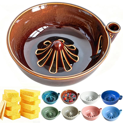 Self Spinning Ceramic Berry Washing Bowl with Drain Holes, 7'' Kitchen Fruit Washer Spinner Bowl with 10pcs Sponges，Blue