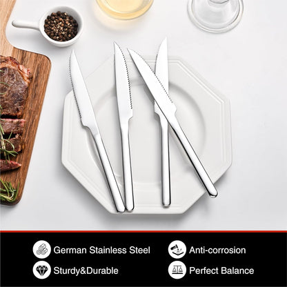 8-Piece 9.4-Inch Steak Knife Set, Serrated Stainless Steel Knives | Mirror Polished Finish, Sharp Blades, Dishwasher Safe, for Steak Dinner, BBQ & Daily Dining
