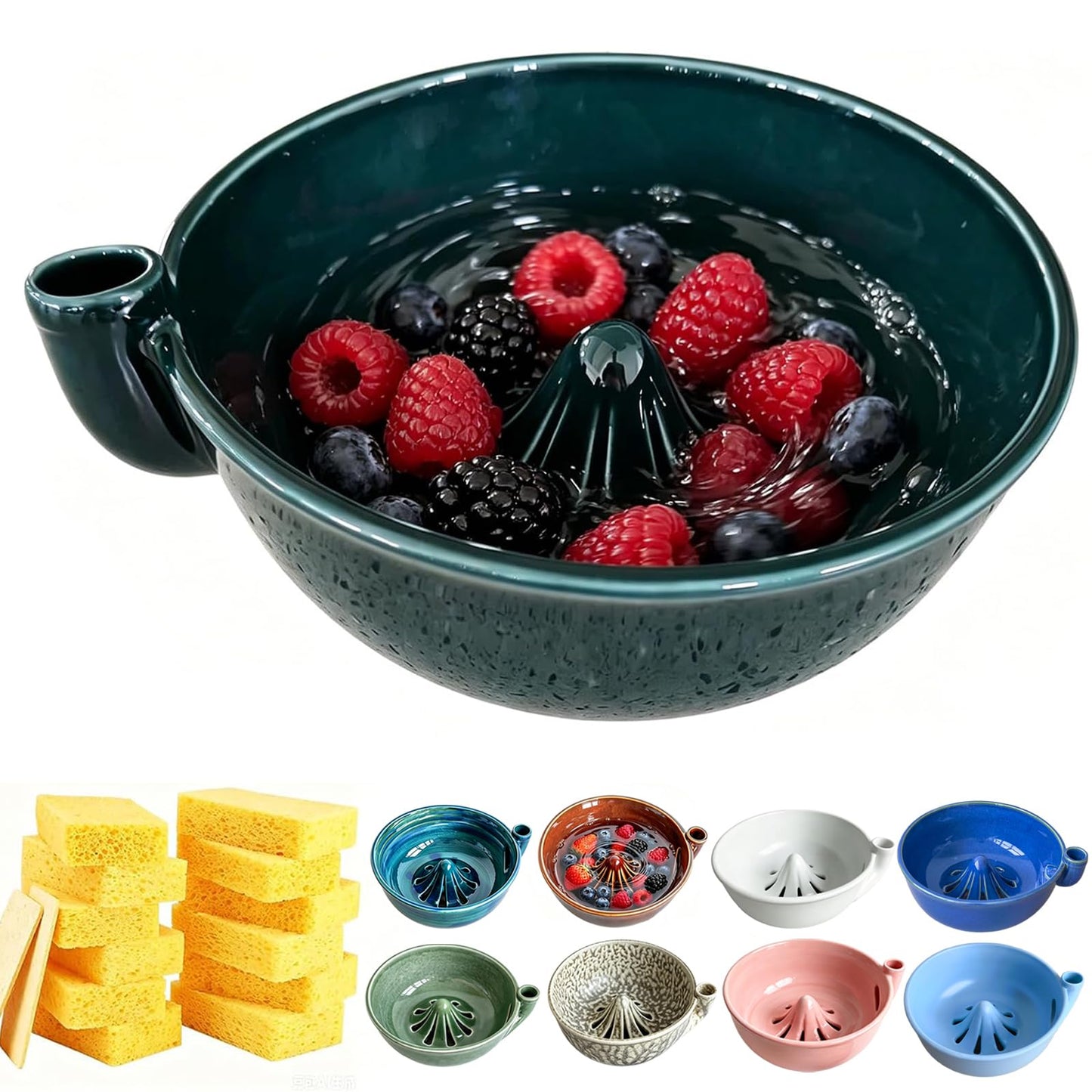 Self Spinning Ceramic Berry Washing Bowl with Drain Holes, 7'' Kitchen Fruit Washer Spinner Bowl with 10pcs Sponges，Blue