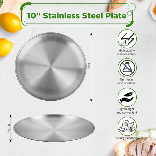 Stainless Steel Plates,10 inch Round Metal Food Serving Plate, Dinner Plates for Outdoor Camping Hiking, Party Serving, Feeding,Non Toxic & Reusable, Dishwasher Safe