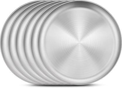 Homikit 6 Pack Stainless Steel Plate Set, 10.2 Inch Metal Dinner Plates for Kids Children Adult, Round Camping Plates for Serving Dishes Dessert Salad, Reusable & Unbreakable, Dishwasher Safe