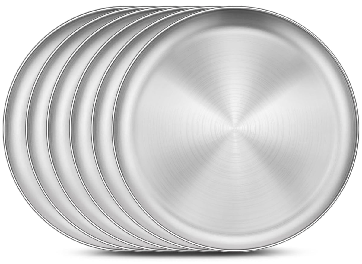 Homikit 6 Pack Stainless Steel Plate Set, 10.2 Inch Metal Dinner Plates for Kids Children Adult, Round Camping Plates for Serving Dishes Dessert Salad, Reusable & Unbreakable, Dishwasher Safe