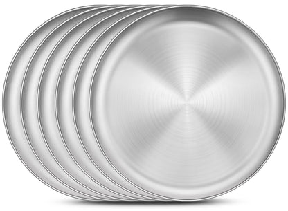 Homikit 6 Pack Stainless Steel Plate Set, 10.2 Inch Metal Dinner Plates for Kids Children Adult, Round Camping Plates for Serving Dishes Dessert Salad, Reusable & Unbreakable, Dishwasher Safe