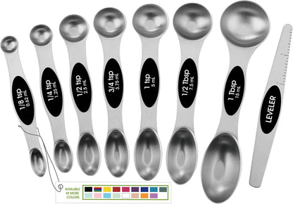 Spring Chef Stainless Steel Magnetic Measuring Spoons Set of 8, Black | Dual Sided Metal Teaspoon & Tablespoon Measuring Spoons with Leveler for Dry & Liquid Ingredients, Nesting, Dishwasher Safe