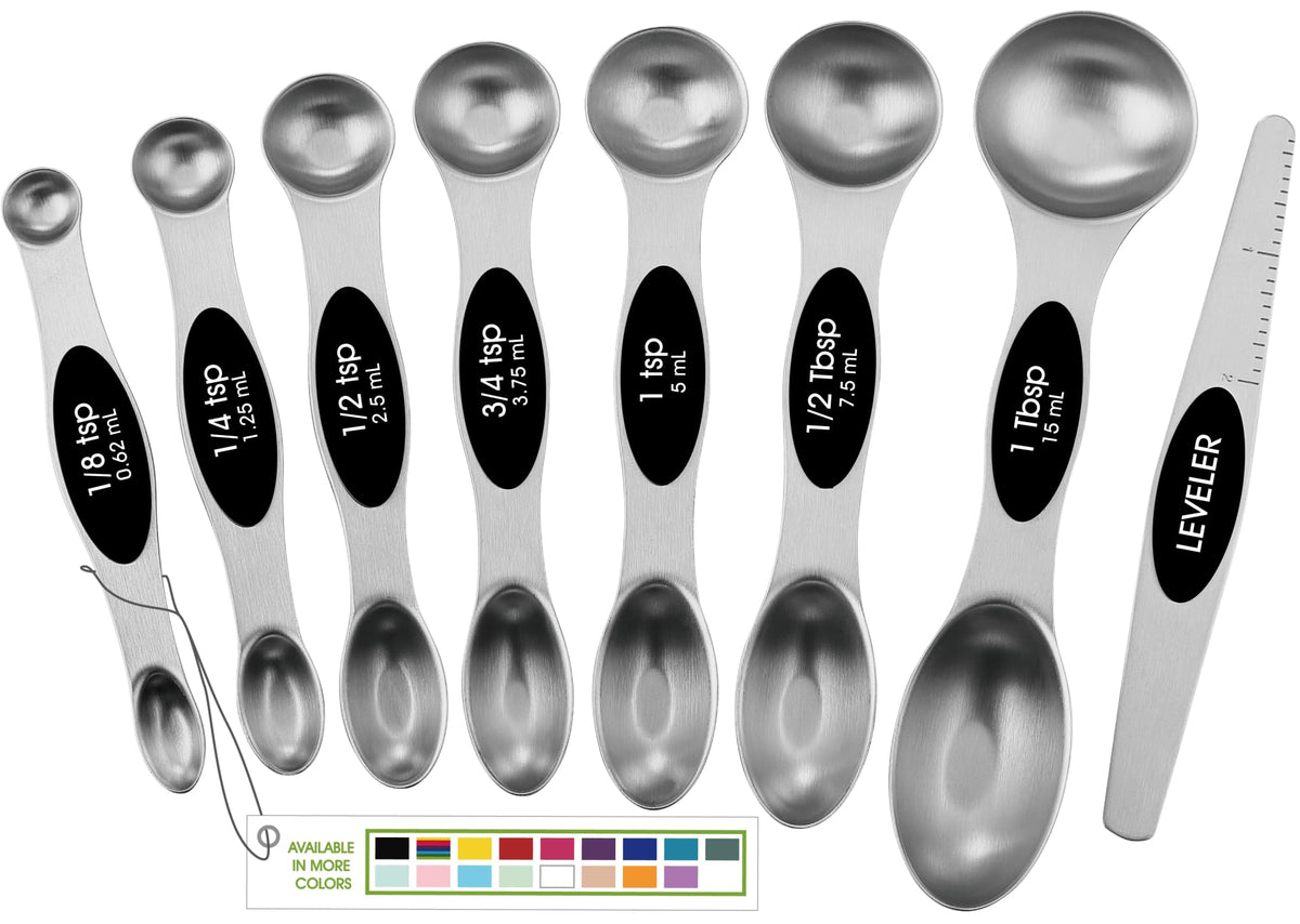 Spring Chef Magnetic Measuring Spoons Set of 8 for Kitchen, Multicolor | Stainless Steel Teaspoon & Tablespoon Measuring Spoons with Leveler for Dry & Liquid Ingredients, Dual Sided, Dishwasher Safe
