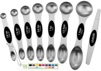 Spring Chef Magnetic Measuring Spoons Set of 8 for Kitchen, Multicolor | Stainless Steel Teaspoon & Tablespoon Measuring Spoons with Leveler for Dry & Liquid Ingredients, Dual Sided, Dishwasher Safe