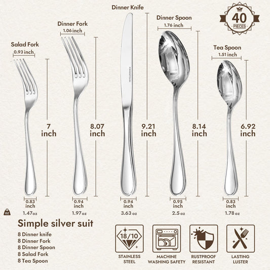 18/10 Stainless Steel Silverware Set for 8, 40 Piece Teardrop Flatware Set | KINGSTONE Heavy Cutlery Set, Mirror Polished Knives Forks and Spoons Utensils, Dishwasher Safe for Home Kitchen Wedding