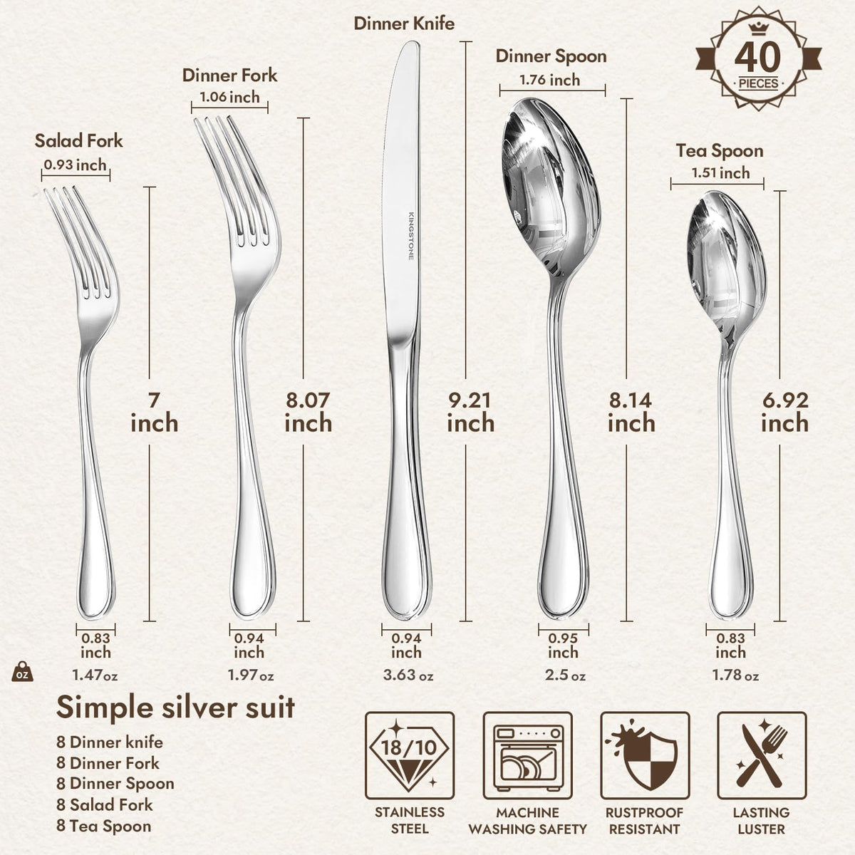 18/10 Stainless Steel Silverware Set for 8, 40 Piece Teardrop Flatware Set | KINGSTONE Heavy Cutlery Set, Mirror Polished Knives Forks and Spoons Utensils, Dishwasher Safe for Home Kitchen Wedding