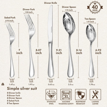18/10 Stainless Steel Silverware Set for 8, 40 Piece Teardrop Flatware Set | KINGSTONE Heavy Cutlery Set, Mirror Polished Knives Forks and Spoons Utensils, Dishwasher Safe for Home Kitchen Wedding
