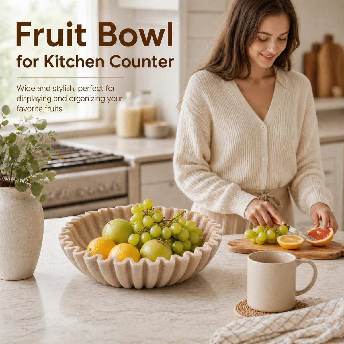 Large Decorative Bowl, Modern Handicraft Bowls for Home Decor, Fruit Bowl for Kitchen Counter, Ruffle Decor, Stylish Key Bowl for Entry Table, Artificial Stone Beige