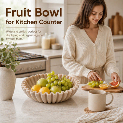 Large Decorative Bowl, Modern Handicraft Bowls for Home Decor, Fruit Bowl for Kitchen Counter, Ruffle Decor, Stylish Key Bowl for Entry Table, Artificial Stone Beige