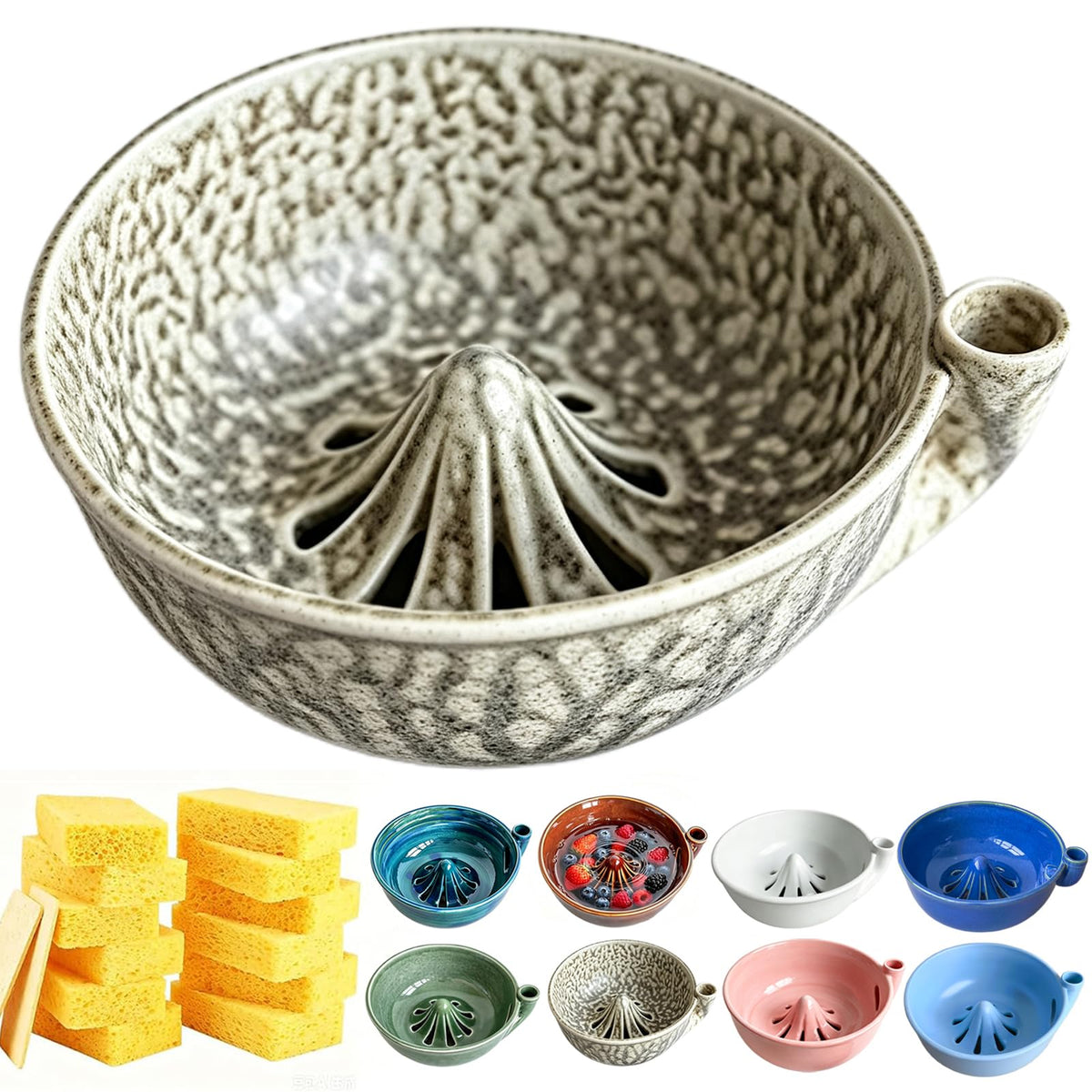 Self Spinning Ceramic Berry Washing Bowl with Drain Holes, 7'' Kitchen Fruit Washer Spinner Bowl with 10pcs Sponges，Blue