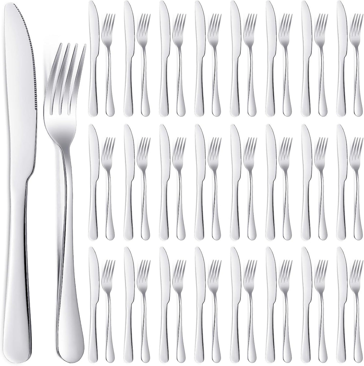 Nuenen 50 Fork Knife Set,8.07 x 0.94 Inch, 9.06 x 0.79 Inch,Shiny Silver | Stainless Steel Flatware, Kitchen Restaurant Dinner Silverware, Durable Party Catering Use, Mirror Polished Finish