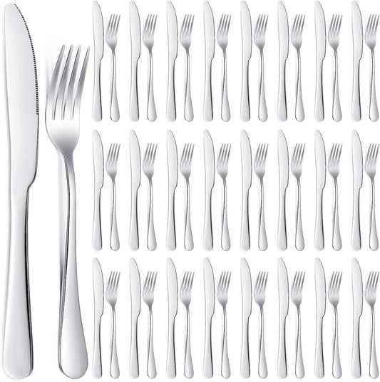 Nuenen 50 Fork Knife Set,8.07 x 0.94 Inch, 9.06 x 0.79 Inch,Shiny Silver | Stainless Steel Flatware, Kitchen Restaurant Dinner Silverware, Durable Party Catering Use, Mirror Polished Finish
