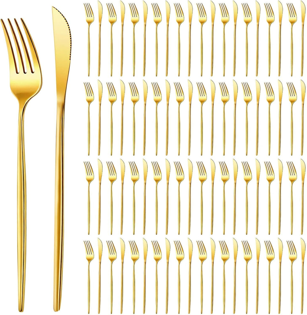 100 Pcs Gold Forks and Knives Cutlery Set Stainless Steel Steak Knives Forks Flatware Royal Silverware Set for Wedding Party Restaurant Dishwasher Safe