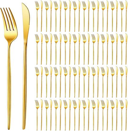 100 Pcs Gold Forks and Knives Cutlery Set Stainless Steel Steak Knives Forks Flatware Royal Silverware Set for Wedding Party Restaurant Dishwasher Safe