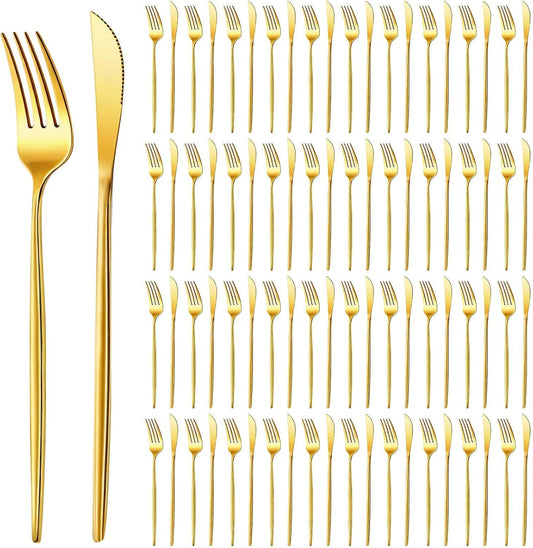 100 Pcs Gold Forks and Knives Cutlery Set Stainless Steel Steak Knives Forks Flatware Royal Silverware Set for Wedding Party Restaurant Dishwasher Safe