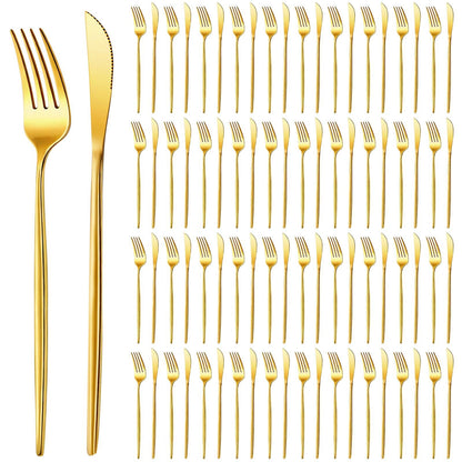 100 Pcs Gold Forks and Knives Cutlery Set Stainless Steel Steak Knives Forks Flatware Royal Silverware Set for Wedding Party Restaurant Dishwasher Safe