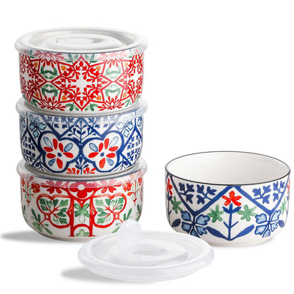 Ceramic Bowl with Lid, Microwave Safe, Set of 4 | Food Storage Containers for Soup, Meal Prep, Cereal, Salad Leftovers - Picnic, Camping, Office Lunch - 20 oz, B-Pattern