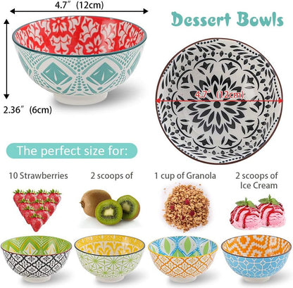 AHX Porcelain Dessert Bowls Cereal bowl - Ceramic Bowl Set of 6 - Colorful Small Bowls for Ice Cream | Soup | Cereal | Rice | Snack | Side Dish | Condiment Microwave and Dishwasher Safe