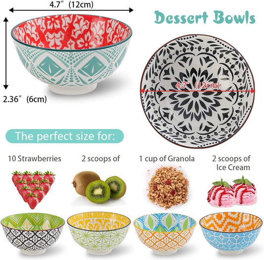 AHX Porcelain Dessert Bowls Cereal bowl - Ceramic Bowl Set of 6 - Colorful Small Bowls for Ice Cream | Soup | Cereal | Rice | Snack | Side Dish | Condiment Microwave and Dishwasher Safe
