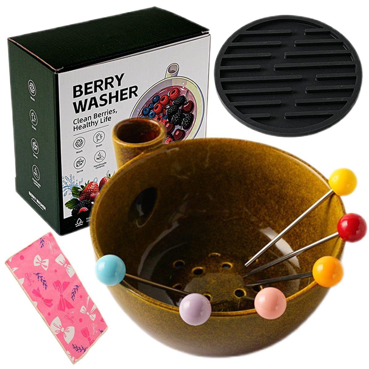 Self Spinning Ceramic Berry Washing Bowl with Drain Holes, 7'' Kitchen Fruit Washer Spinner Bowl with 10pcs Sponges，Blue
