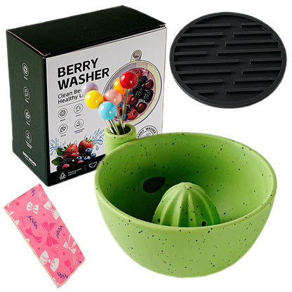 Self Spinning Ceramic Berry Washing Bowl with Drain Holes, 7'' Kitchen Fruit Washer Spinner Bowl with 10pcs Sponges，Blue