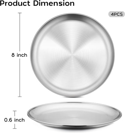 Onader 4-Piece Stainless Steel Plates, 8 Inch 304(18/8) Metal Round Dinner Plate, Kids Toddlers Dishes for Serving, Dishwasher Safe
