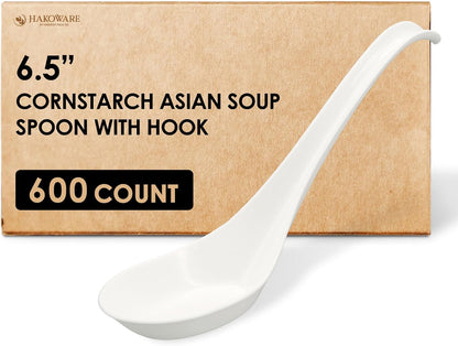Disposable PLA Cornstarch Asian Soup Spoons with Hook Plastic-Free, 600 PK | Anti-Slip Hook Design,Eco-friendly,Heavy Duty,Crystalized,Take-out,Ramen,Pho,Noodles,Hot Soup,Hakoware,Chinese,Wonton,Cutlery