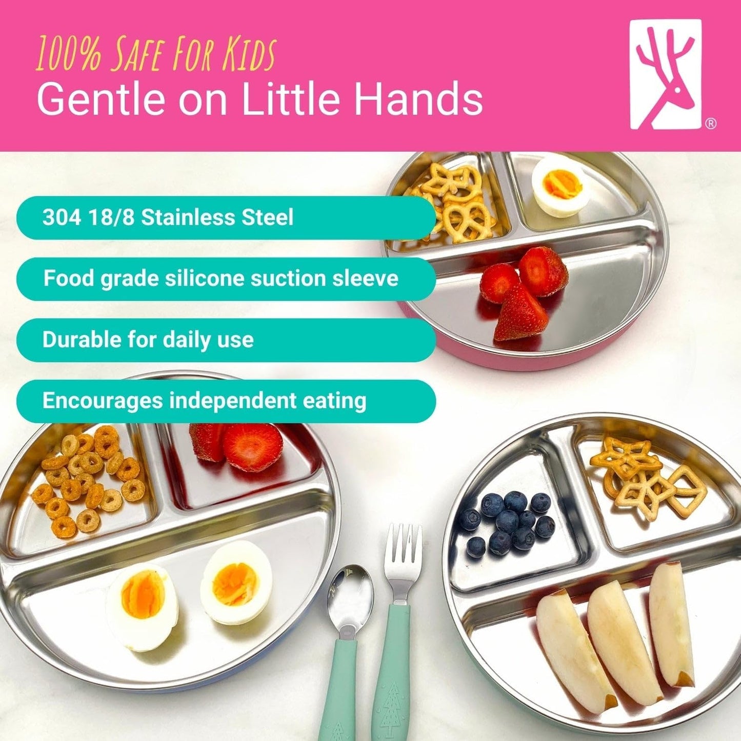 Elk and Friends Kids Stainless Steel Divided Plates with Silicone Suction Sleeves | Lids Included | Suitable for Babies/Toddlers | Dishwasher Safe | Stay Put Dinnerware | Snack Dishes | 4 Pack