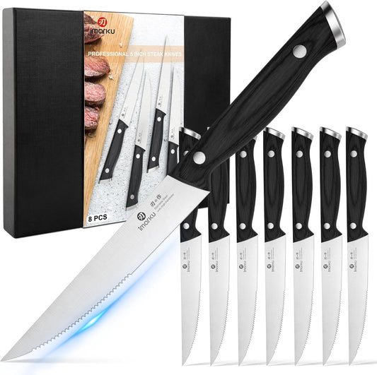 imarku Japanese Steak Knives Set of 8, Serrated blade, Pakkawood Handle | Serrated steak knife with non-slip Pakkawood handle, rust-proof blade, perfect for BBQ, restaurant, holiday dinners