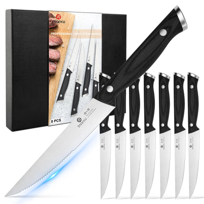 imarku Japanese Steak Knives Set of 8, Serrated blade, Pakkawood Handle | Serrated steak knife with non-slip Pakkawood handle, rust-proof blade, perfect for BBQ, restaurant, holiday dinners