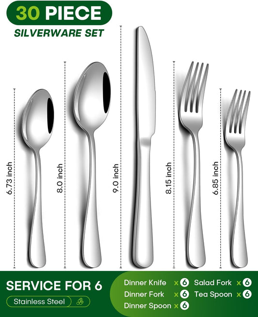 PHILIPALA 30 Piece Silverware Set, Stainless Steel Flatware Set for 6 Food Grade Novelty Flatware Cutlery Utensil Set Include Knife Fork Spoon Mirror Polished Dishwasher Safe