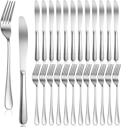 24 Pcs Stainless Steel Silverware Dinner Fork and Knife Set Dinner Forks and Knives Flatware Forks and Knives Set Tableware Cutlery-Set for Home Kitchen Restaurant (8.1X 1 Inch, 8 X 0.8 Inch)